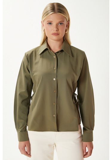 Kadın Adrian Yan Bağlama Detaylı Haki Gömlek Haki