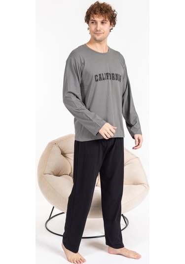 Erkek Penye Pamuk Regular Kalıp Sıfır Yaka Kaliteli Pijama Takımı A803123 Koyu Gri