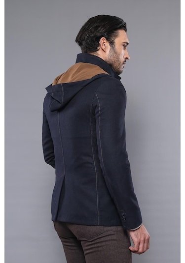 3 Cepli Kapüşonlu Fermuarlı Yün Lacivert Kısa Kaban - Wessi Siyah