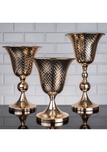 Lüks Vazo Seti 3 Lü Dövme Vazo Altın Rengi 38-32-25 Cm