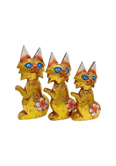 Ahşap Simli Üçlü Kedi Dekoratif Biblo No.2 17 Cm