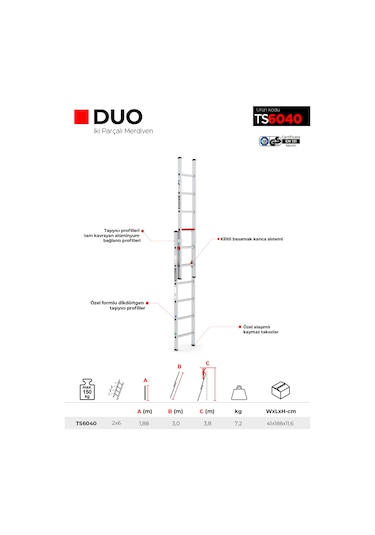 Çağsan TS6040 2x6 Basamaklı Duo İki Parçalı Alüminyum Merdiven