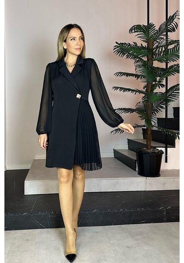 G0793 Kruvaze Yaka Düğme Detaylı Piliseli Elbise Siyah-siyah