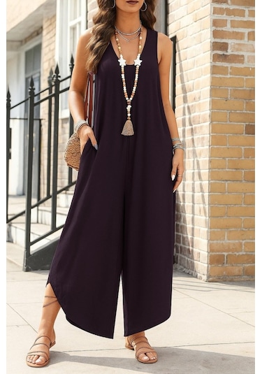 Soonaksesuar Kadın Askılı Yuvarlak Yaka Cepli Salaş Uzun Viskon Tulum Mürdüm