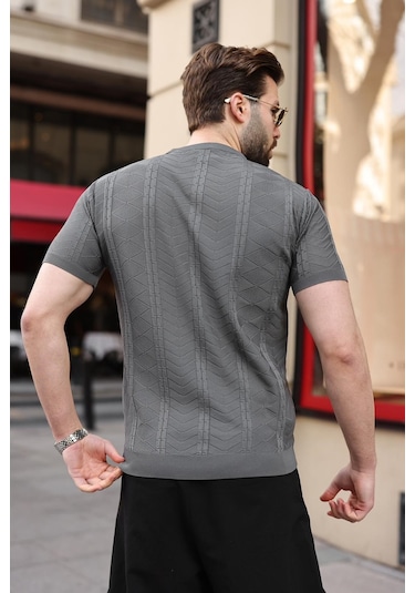 Antrasit Bisiklet Yaka Slim Fit Triko Erkek Tişört E7466