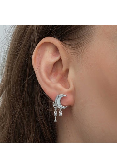 Gümüş Sallantılı Ay Yıldız Kadın Küpe Sl6597 Gümüş