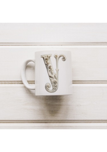 Y Harfi Bardak, Monogram 330 Ml Barok Oymalı Görünüm Beyaz