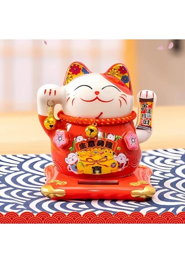 Seramik Maneki Neko Kırmızı Güneş Enerjili Şans Kedisi 12cm No.1