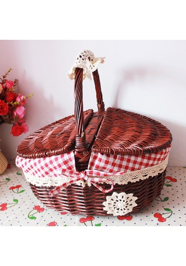 Cbtx Açık Dokuma Piknik Sepeti Pamuk Keten Kumaş Hasır S Kırmızı Izgara Kahverengi