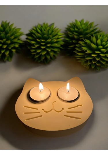 Sarı Kedi Şekilli Beton Mumluk - El Yapımı Dekoratif Çay Işığı Tealight Mumluk - Minimalist Kedi Tem Sarı