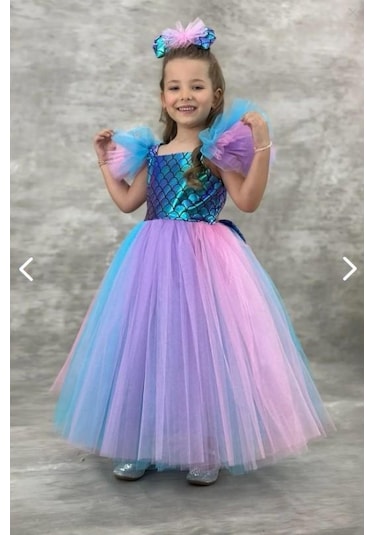 Kız Çocuk Deniz Kızı Abiye Kostüm Uzun Tül Elbise 3705 Mavi