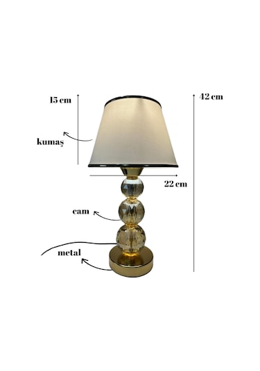 Mooncher Cam Gövdeli Gold Metal Abajur Altın Şeritli Krem Kumaş Başlık Gece Lambası Krem - Gold