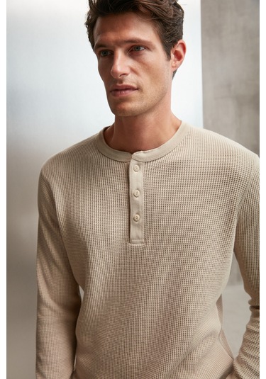 Patrick Erkekm Triko Yakalı Waffle Özel Dokulu Kalın Kumaşlı Uzun Kol Bej T-shirt