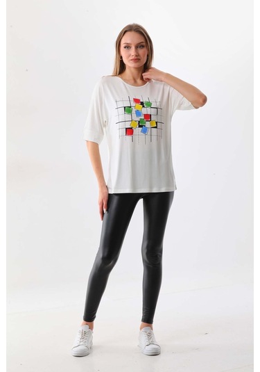 Sistas Kadın Kare Desenli Kısa Kol Bluz 23098 Ekru