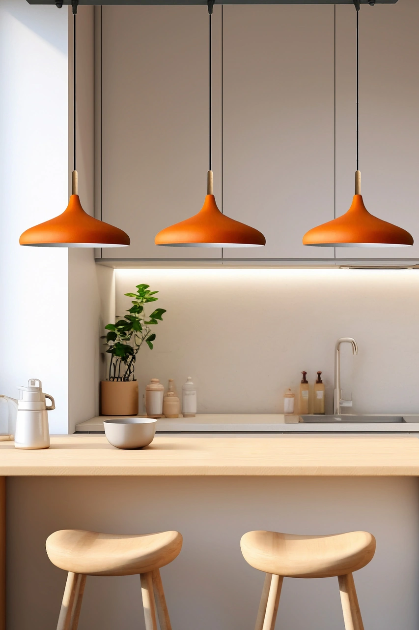 Üçlü Turuncu Ahşap Başlık Sarkıt Lamba Yemek Masası Oturma Odası Mutfak Salon Otel Showroom Hol Turuncu