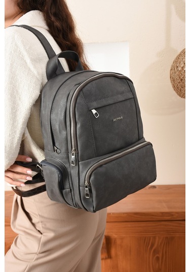 Just Polo Kadın Eskitme Suni Deri Çok Cepli Günlük Sırt Çantası Pbu3000 Antrasit