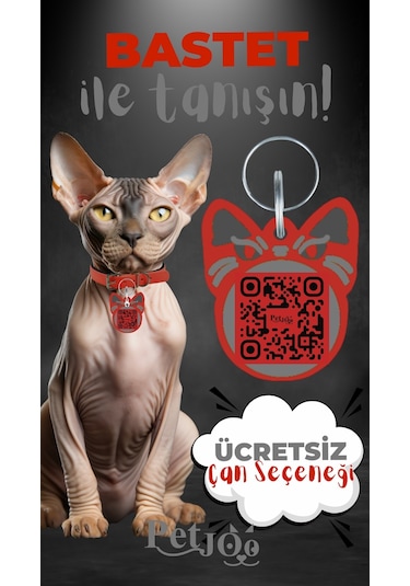Petjoo 1.Bastet Gri-Kırmızı Qr'lı Kedi Künyesi