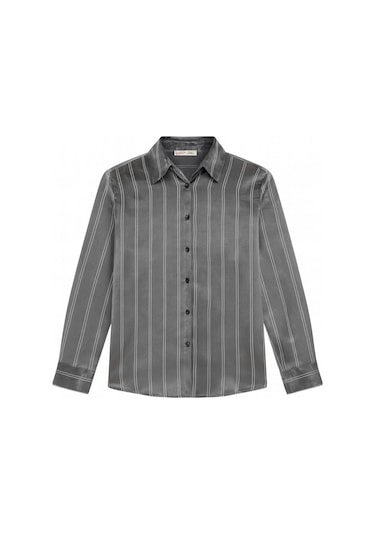 4594 Kadın Çizgili Saten Gömlek Antrasit Antrasit