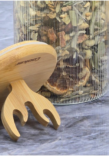 Boynuz Desenli Cam Kavanoz - Bambu Kapaklı Borosilikat Cam Kavanoz - 33 Cm - Yuvarlak