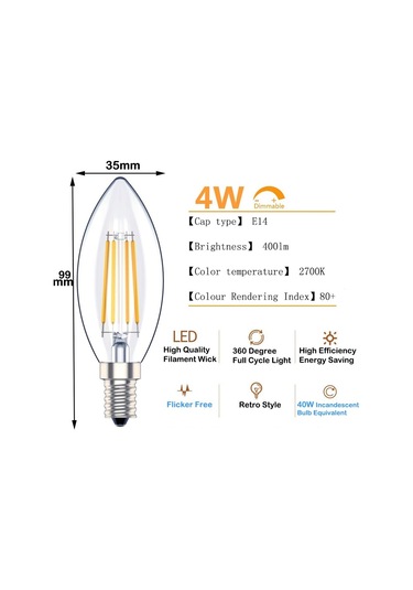 E14 Kısılabilir Led Mum Ampulü, Ses Filament Küçük Edison Vidalı Ampul, 4w - 40w Eşdeğeri, Sıcak Beyaz 2700k, 400lm, 6'lı Paket