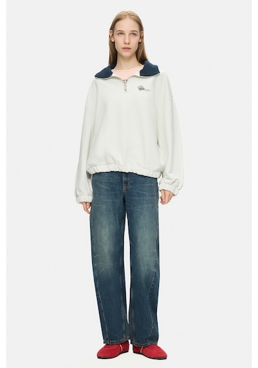 Ucla Yoko Kemik Rengi Fermuarlı Baskılı Oversize Fit Kadın Sweatshirt Kemik Rengi