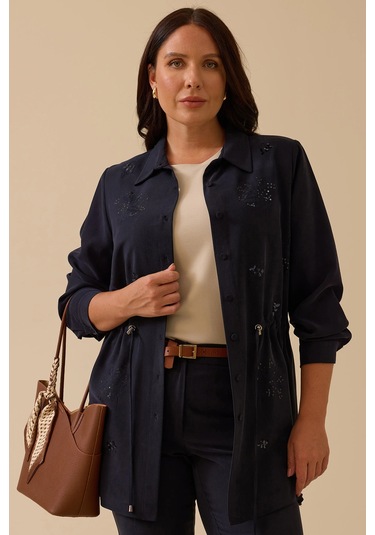 Galaxi Kadın Büyük Beden Pul İşlemeli Bağcıklı Kap 4002 Lacivert Lacivert