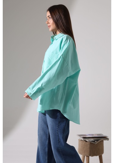 Yeni Sezon Poplin Kumaş Çift Cepli Oversize Pamuklu Kadın Tunik Gömlek Turkuaz