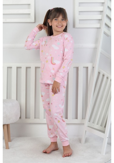 Cute Dreams Pattern Uzun Kollu Kız Çocuk Pijama Takımı Pembe