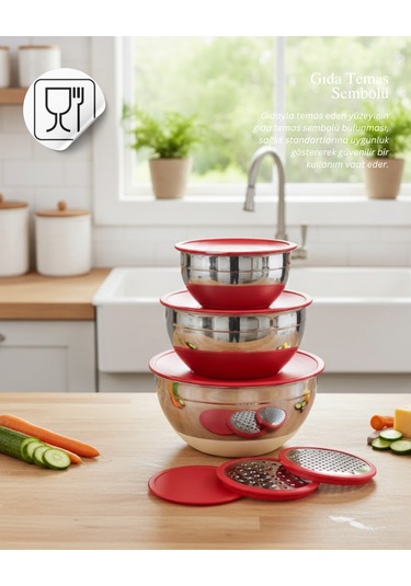 Luna 9 Parça Saklama Ve Karıştırma Kabı Rendeli Kırmızı Kapaklı Metalik