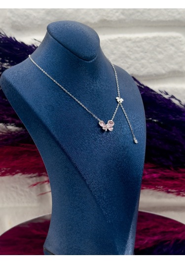 925 Ayar Gümüş Pembe Mineli Özel Tasarım Zarif Kadın Kolye Gümüş