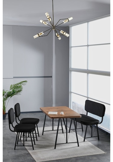 Mygusi Hayat 2 Sandalyeli 1 Bench Yemek Masa Takımı Atlantik Çam Siyah