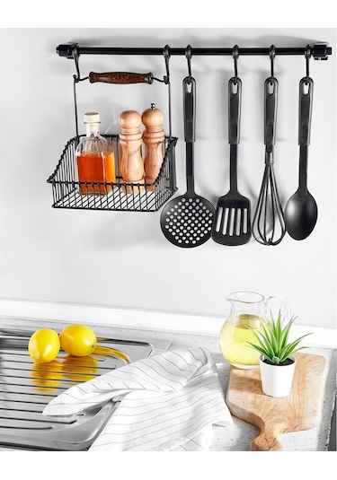 Ferforje Metal Sepet Askı Ve Kanca Set Siyah Retro