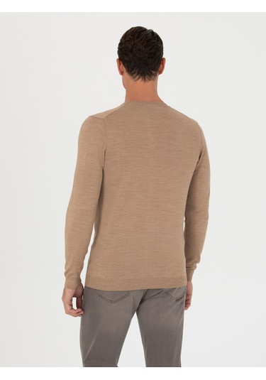 Cacharel Camel Slim Fit Bisiklet Yaka Triko Kazak Kahverengi
