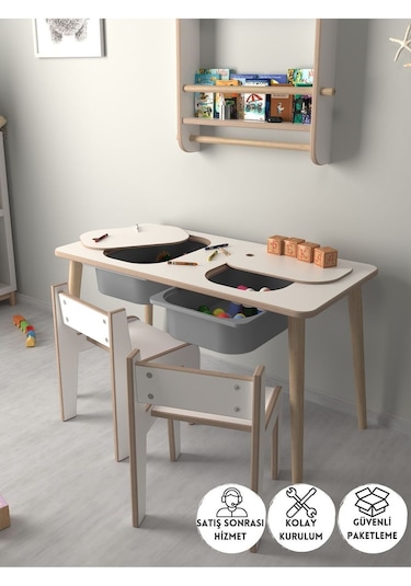 Çocuk Oyun Ve Aktivite Masası - 2 Sandalye - Gri Sepetli Beyaz-gri Beyaz - Gri