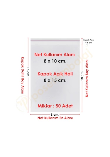 8x10+5 Cm. 8x15 50 Adet Şeffaf Bantlı Yapışkanlı Jelatin Poşet