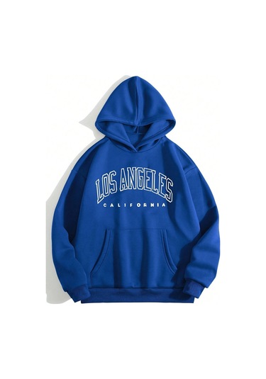 Los Angeles California Sweatshirt - Sax Mavi Baskılı Oversize Kışlık Kalın Kapüşonlu Saks Mavi