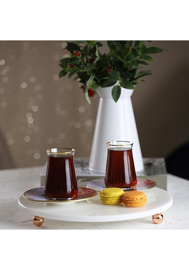 Akayev Mermer Beyaz 30 CM Rose Gold Boncuk Ayaklı Yuvarlak Sunuml