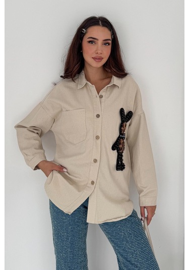 Leopar Ayıcık Armalı Gabardin Kumaş Gömlek Krem Krem