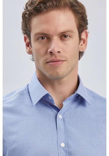 Mavi Uzun Kollu Bez Ayağı Sert Yaka Cepsiz Klasik Slim Fit Dar Kesim Gömlek 1004240230-mavi Mavi