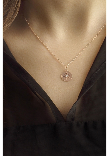 Bybarun Çiçek Motifli Yuvarlak Tektaş Kolye Rose Gold