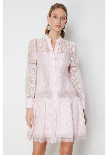 Ekol Kadın Hakim Yaka Desenli Mini Elbise 6130 Pembe