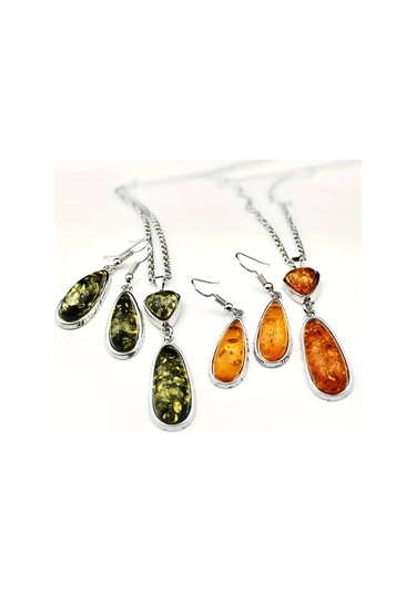 Tongdashop Vintage Kehribar Kolye Ve Küpe Seti Turuncu Doğal Taş Bohem Aksesuar