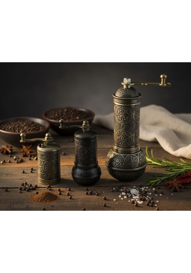 Zamak Metal Kalay Renk 3 Lü Set Karabiber,kahve,çörek Otu El Değirmeni Öğütücü Grinder Koyu Gri