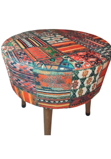Ustaagac Puf Koltuk Bench Tabure Anadolu Kilim Motif - Ahşap Ayaklı Ceviz