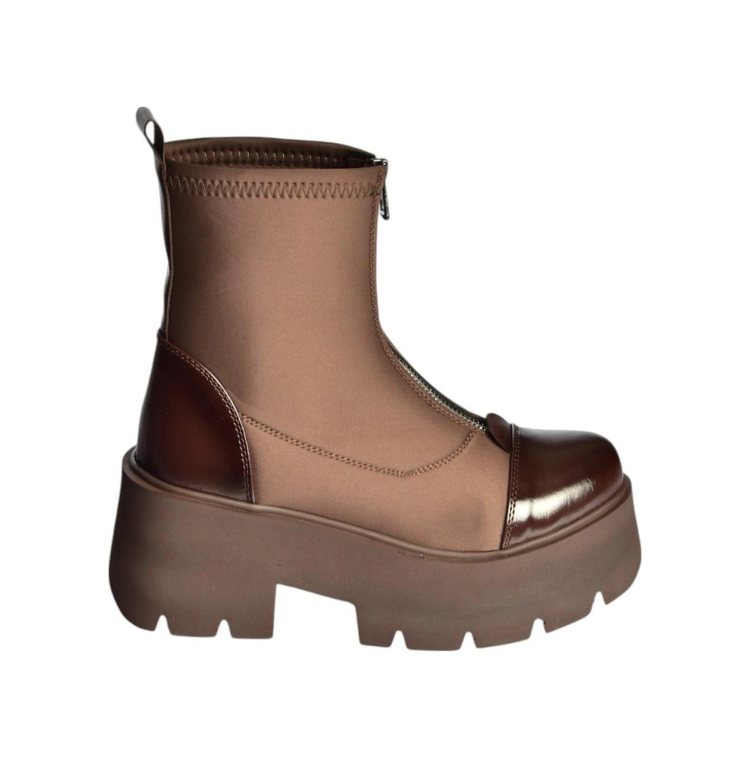 V820008604 Kahverengi Kumaş Kalın Tabanlı Fermuarlı Kadın Bot Kahverengi-kumaş