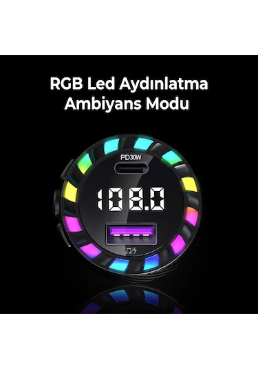Rgb Işıklı 5.3 Bluetoothlu 30w Usb Type C Hızlı Şarjlı Araç Kiti - Mp3 Çalar, Eller Serbest Modlu