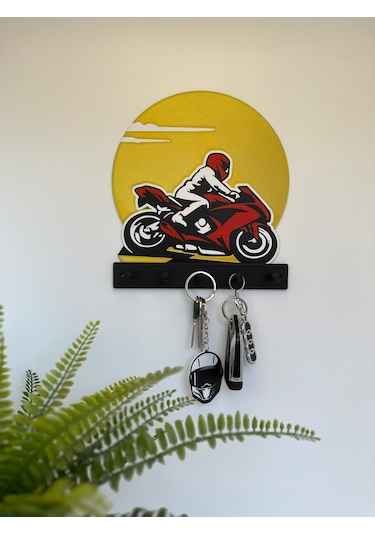 3d Dekoratif Motorcu Anahtar Askılığı V4 Kırmızı - Sarı