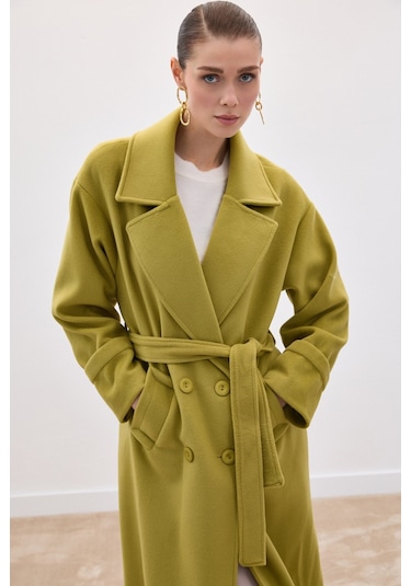 Sateen Beli Bağlamalı Uzun Kaban - Yağ Yeşili-136628 Yeşil