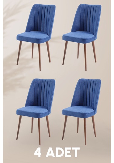 Polo Sandalye - Jerika Mavi - Ahşap Ceviz Ayak 4 Adet - Salon Sandalyesi / Mutfak Sandalyesi Mavi