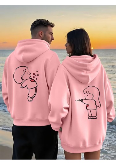 Nevermind Sevgili Çift Kombin Hoodie 2 Li Set Unisex Oversize Kapüşonlu Hoo Pembe